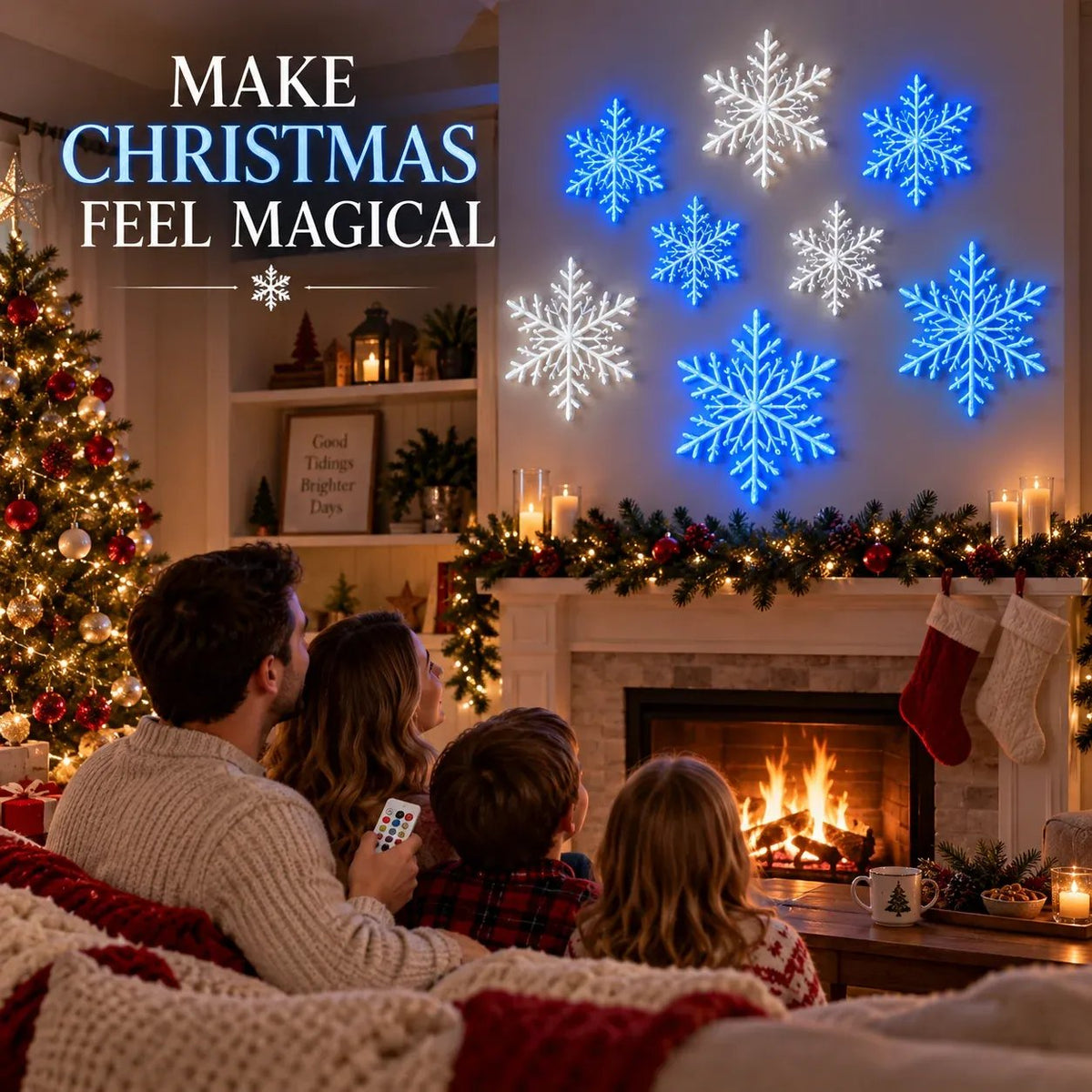 ❄️ LED Snowflake Wall Lights | 🎄3D Christmas Snowflake Decor with blue-white lighting, remote control & magical indoor holiday atmosphere ✨