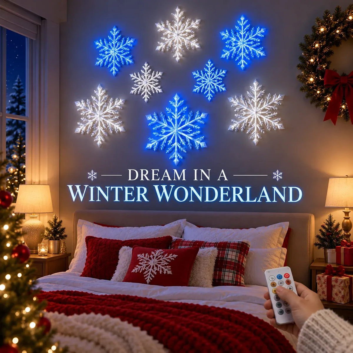 ❄️ LED Snowflake Wall Lights | 🎄3D Christmas Snowflake Decor with blue-white lighting, remote control & magical indoor holiday atmosphere ✨