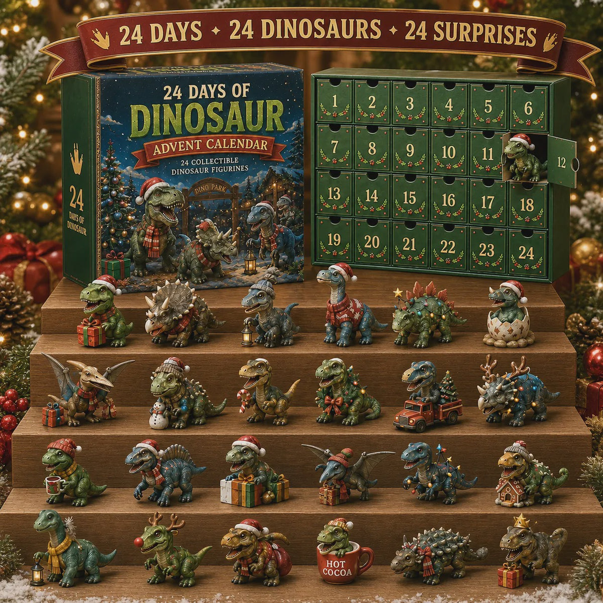 24 Days of Dinosaur Christmas Advent Calendar – 24 Collectible Dino Figurines & Holiday Surprises