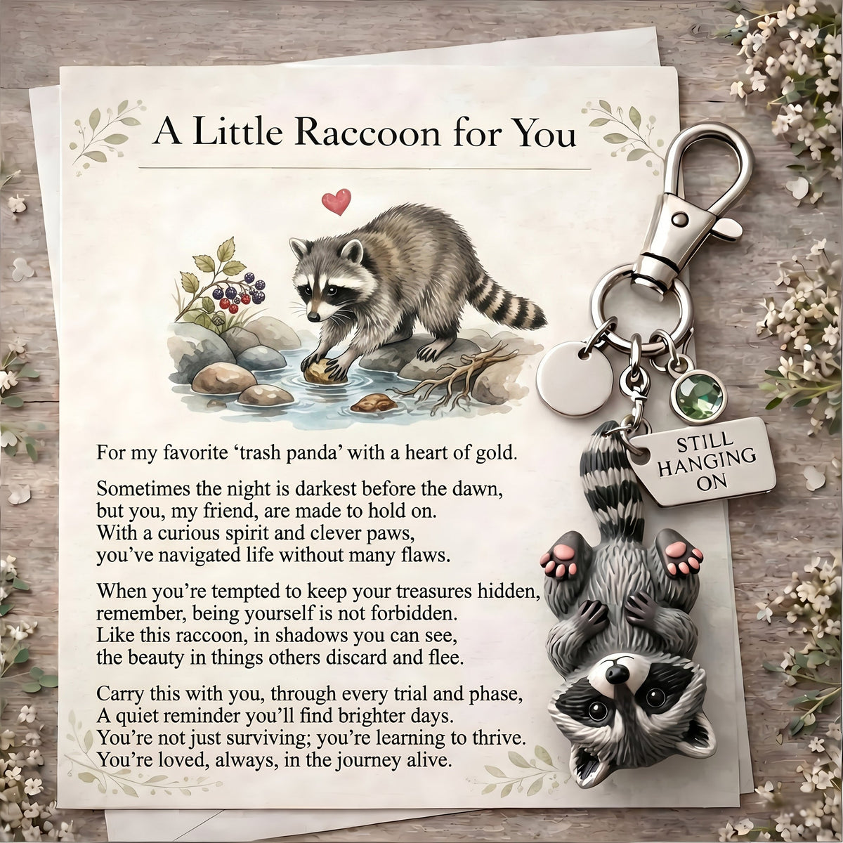 🦝 "Still Hanging On" Trash Panda Keychain & Keepsake Card Set | The Perfect Encouragement Gift 💖